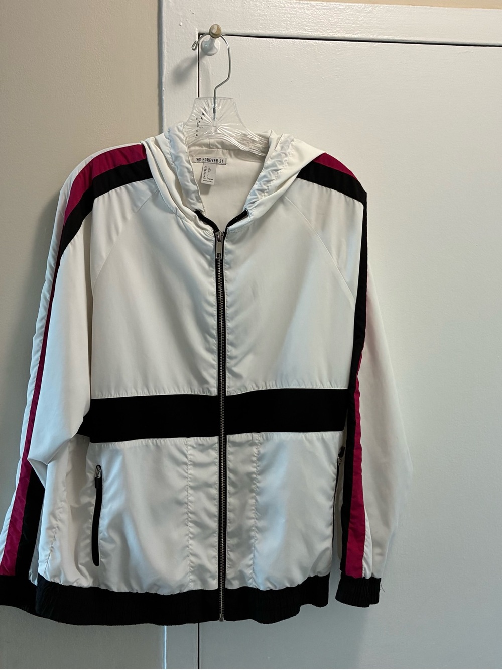 Lightweight White Hooded Jacket with Black & Pink Accents